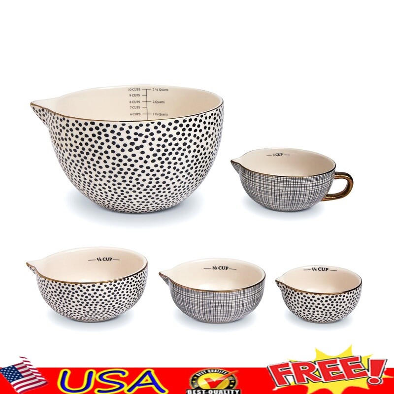5 Piece Ceramic Mixing Bowl Set Measuring Cups Dot Pattern Kitchen Tools New