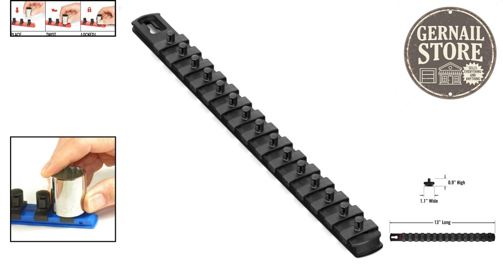 Ernst 13-Inch Socket Rail Organizer with 15 Twist Lock Clips – Secure & Compact