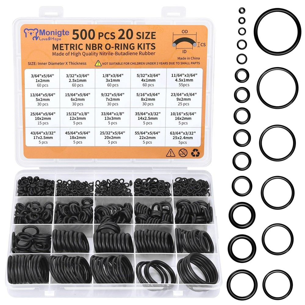 500 Pcs 20 Sizes O Ring Kit,Rubber O-Ring Assortment Kit, Rubber Black