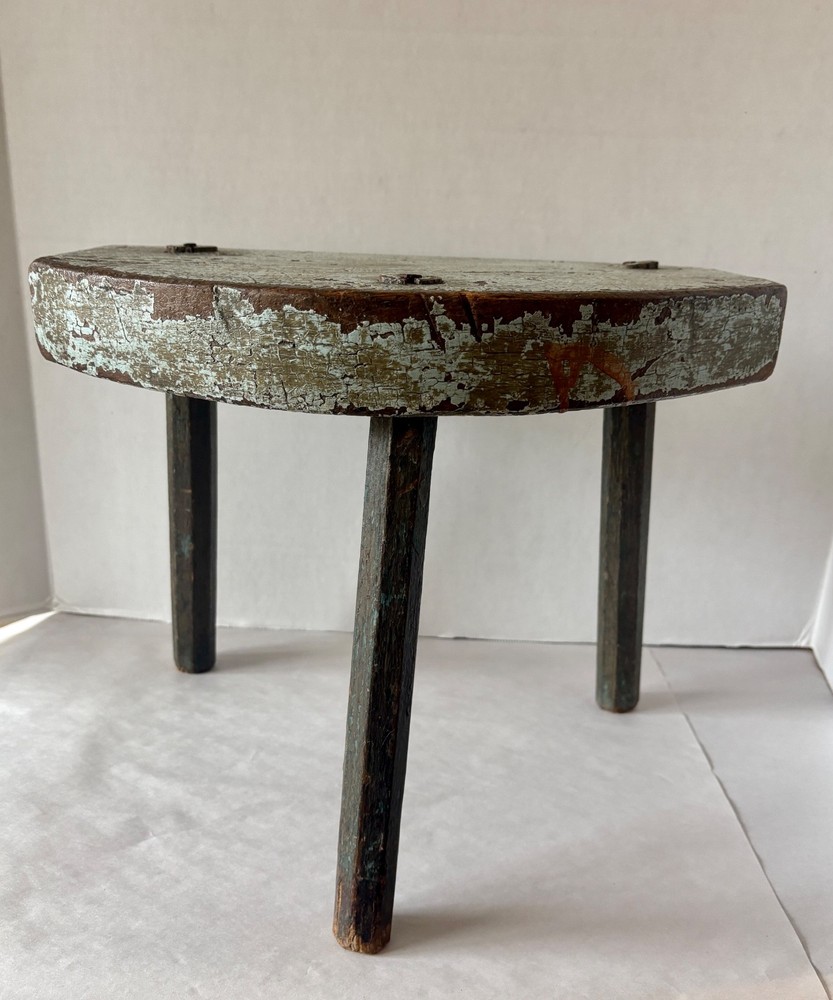 Antique Blue Painted Primitive 3 Legged Milking Stool Old Construction