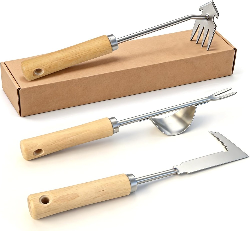 Weed Puller Tool Set, 3 Pack Garden Tools with 4 Teeth Weed Puller, L-Shaped Cra