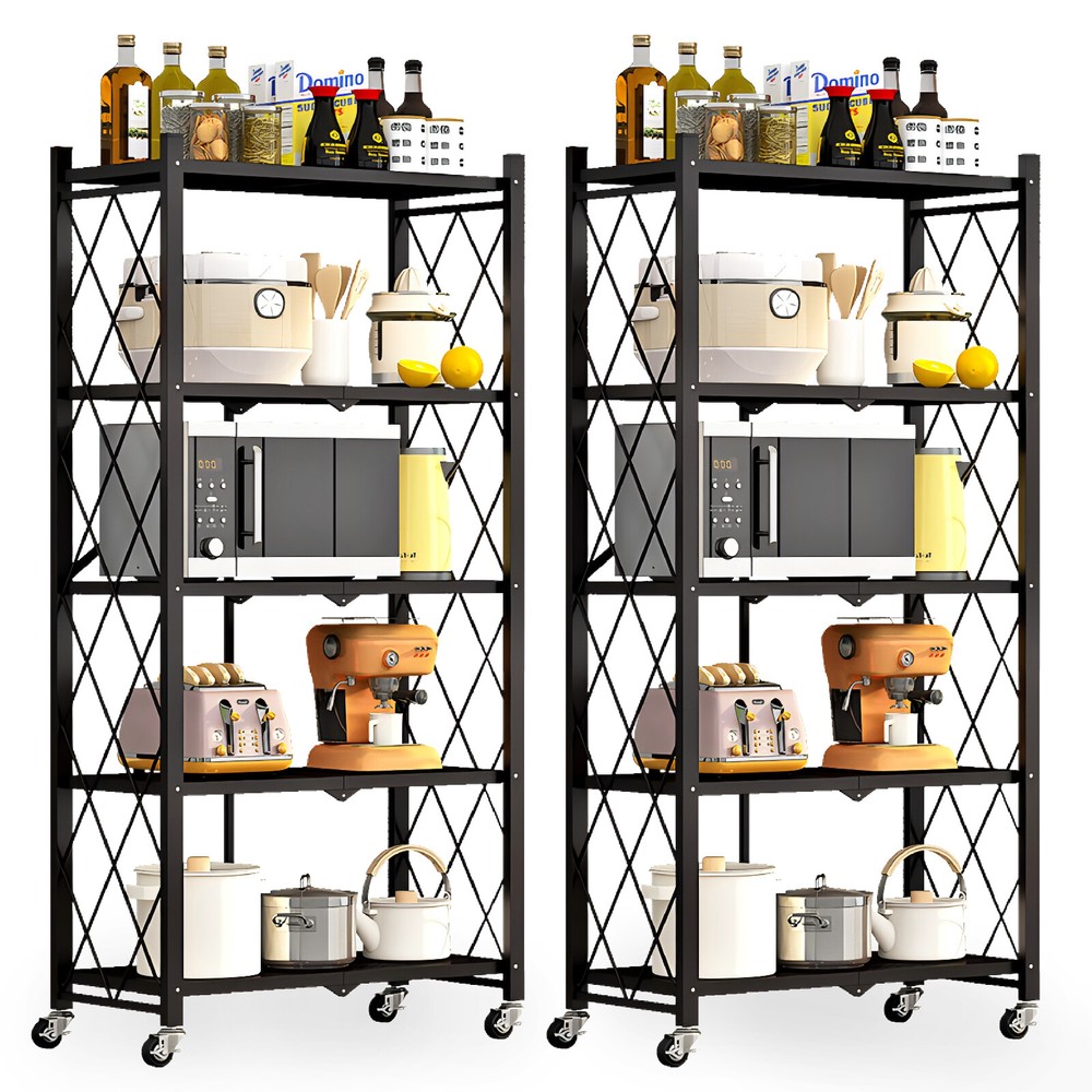2 Pack Folding Shelves 5 Tier Heavy Duty Metal Rack w/ Wheels for Garage Kitchen