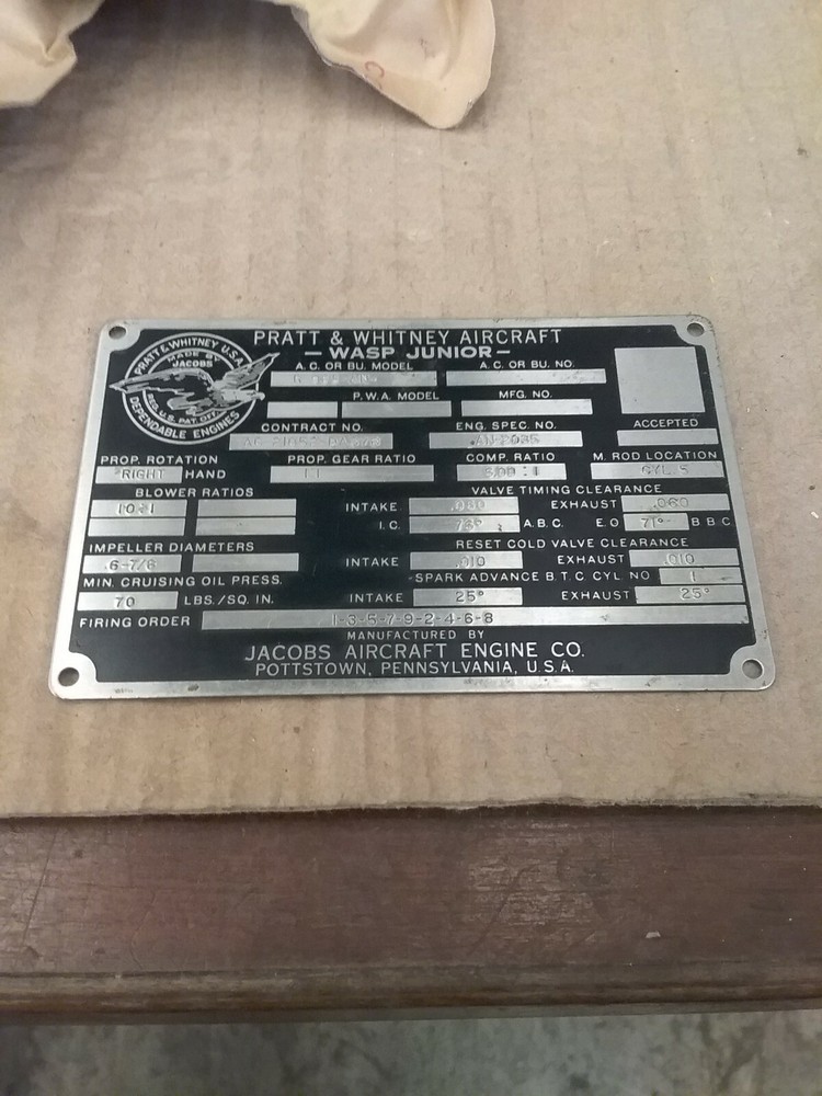 Pratt & Whitney R985 Wasp Junior Data Plate Nos