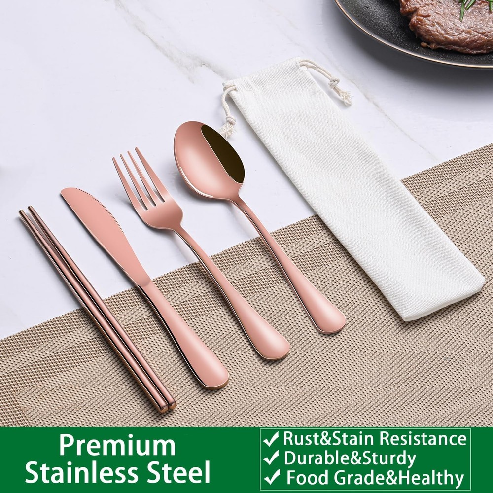 Travel Silverware Set Rose Gold Camping Picnic Utensils Set With Case Include...
