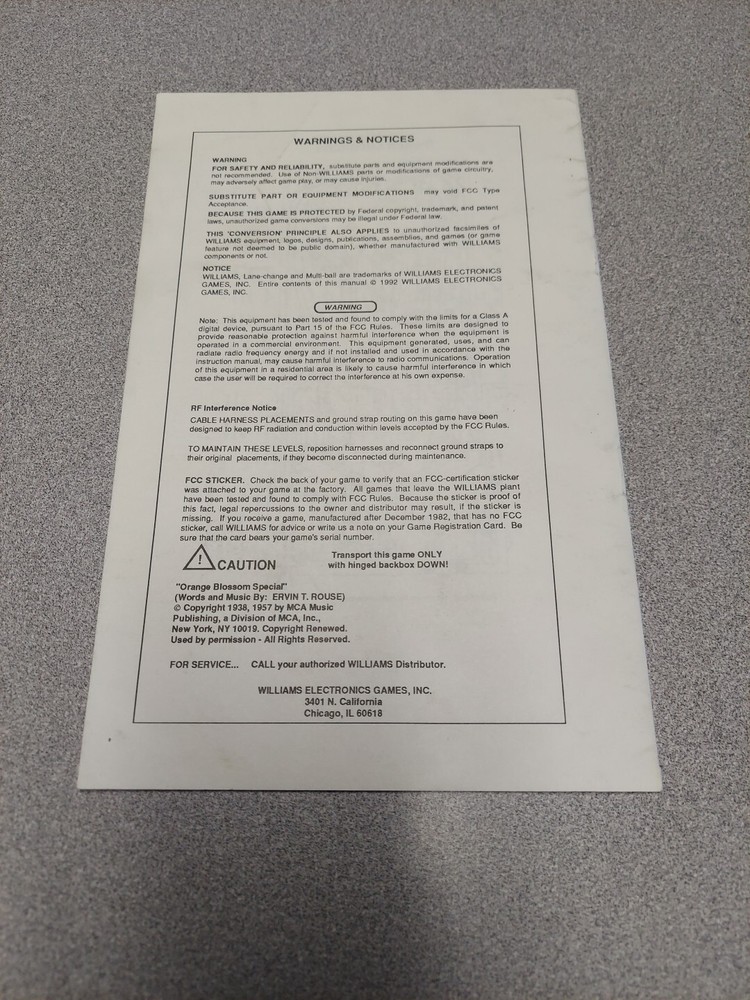 Fish Tales Pinball Machine Operators Handbook 1992