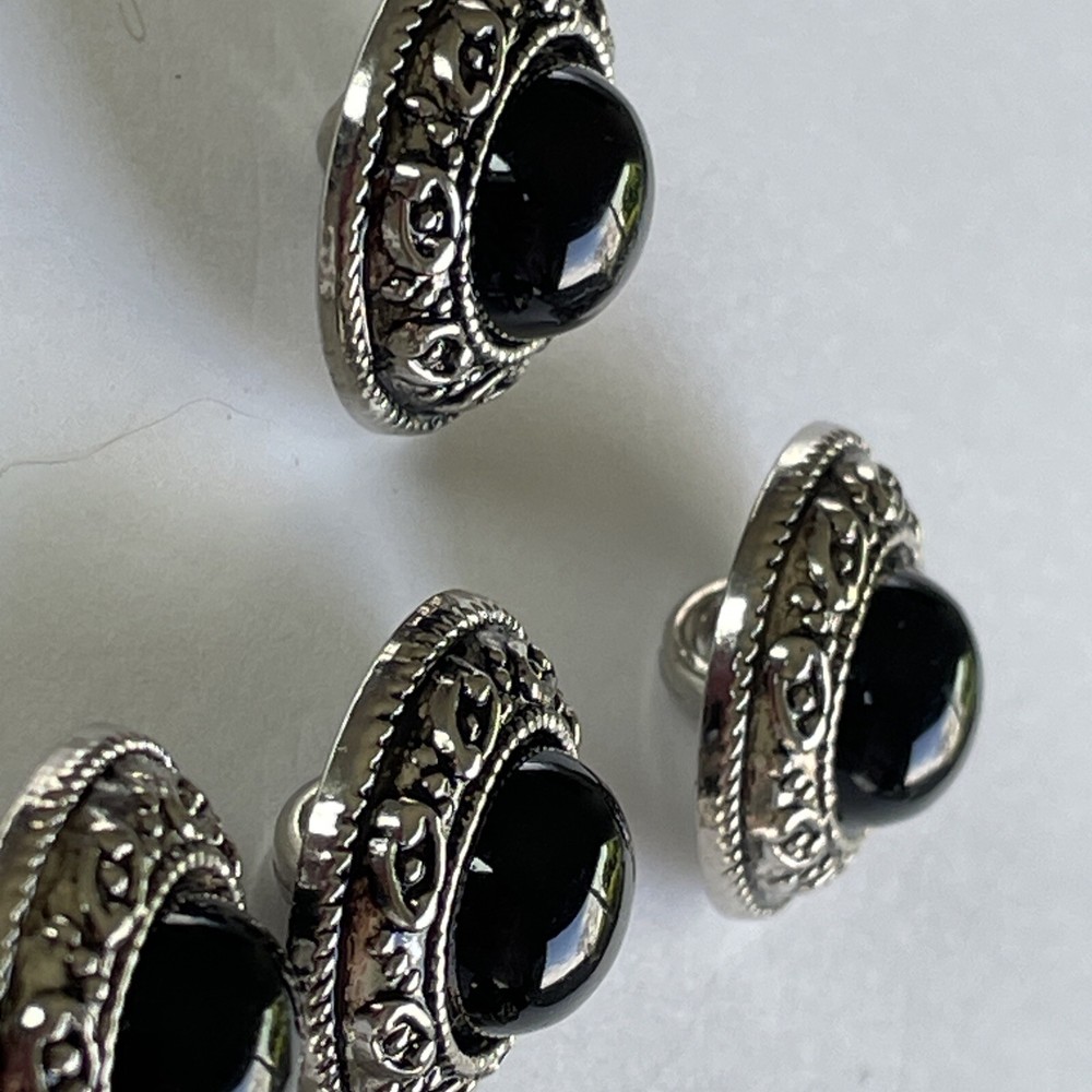 Set 5 Silver Tone Plastic Buttons Black Cabochon Medium 3/4”