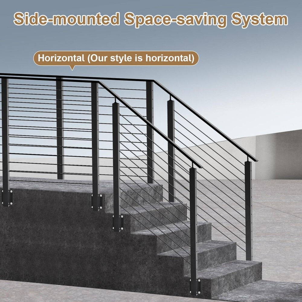 Black Side Mount Cable Railing Post 38 Inch 38"x2"x2" Level Drilled Space-Saving