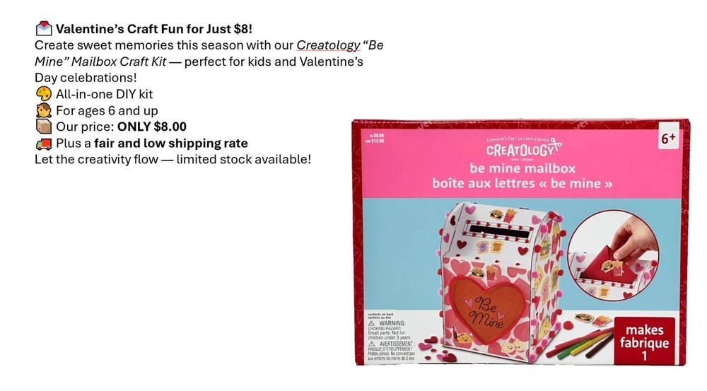 Valentine’s Day Mailbox Craft Kit–Complete DIY Activity Set-Creatology “Be Mine”