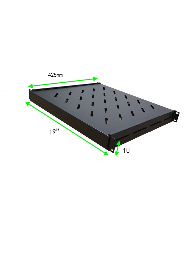 1U 19" 4 Post Fixed Vented Server Shelf, Adjustable Rack Mount 17in - 33in Black