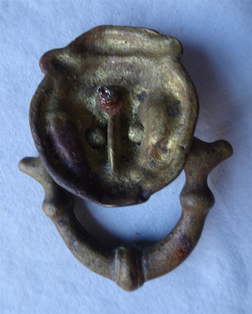 Antique Solid Brass Door Knocker Style Ring Drawer Pull with Lion's Face, as is