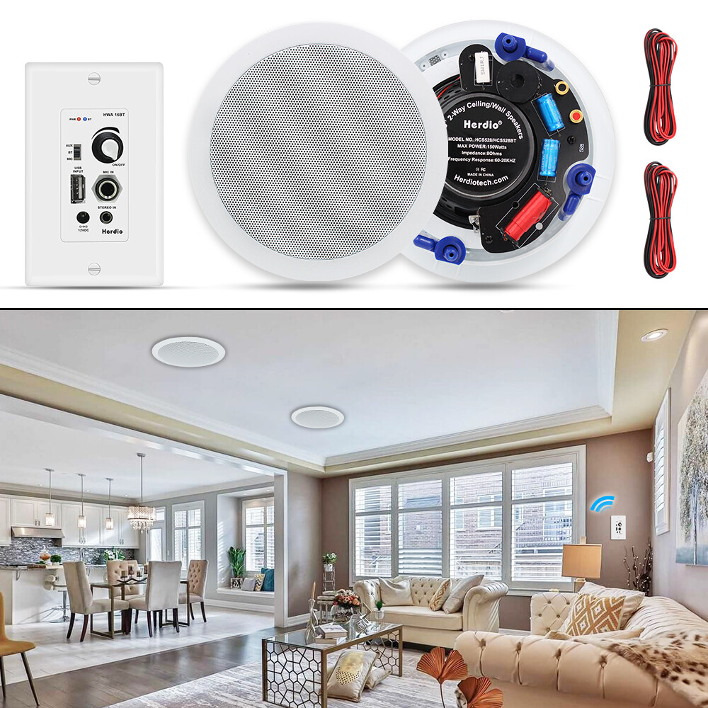 Herdio 5.25" Ceiling Wall Flush Mount Speakers Wall Mount Bluetooth Amplifier US