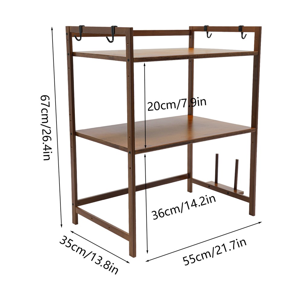 2 Tier 4 Hook Kitchen Storage Rack for Microwave Oven Stand Shelf Organizer