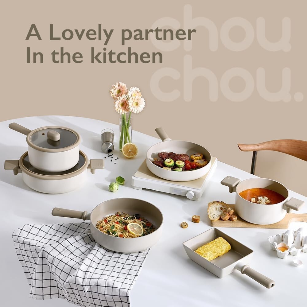 Chou Chou Kitchen Essential 8-Pieces Cookware Set with Lid, Ceramic Coating