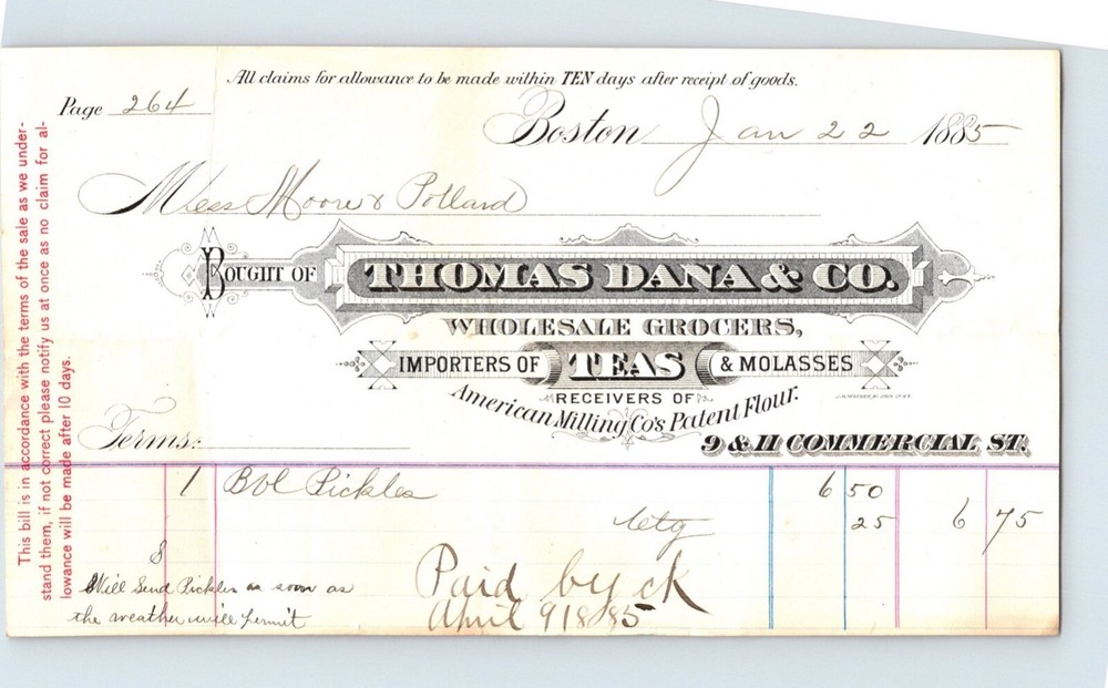 1885 Boston MA THOMAS DANA & Co Grocers TEAS molasses FLOUR