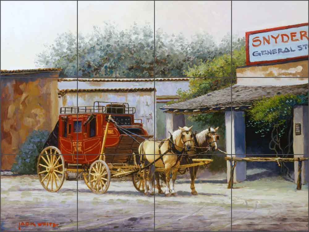 Ceramic Tile Mural Kitchen Backsplash White Western Stagecoach Art JWA027