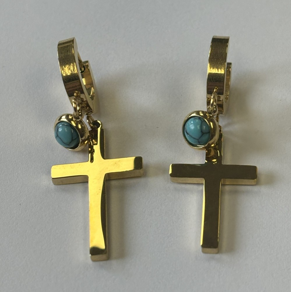DIY Turquoise Gold Cross Earrings