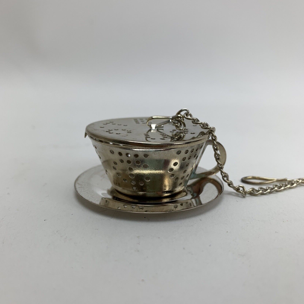 1995 Barnes & Noble Cafe Silver Plated Small Tea Cup Infuser with Dish Set