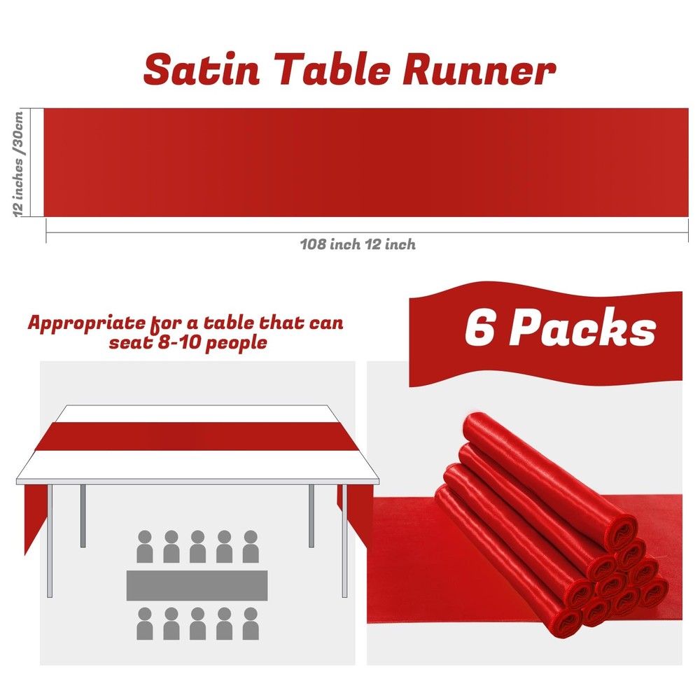 6 Pack 12x108" Red Rectangular Smooth Satin Silk Table Runner for Wedding
