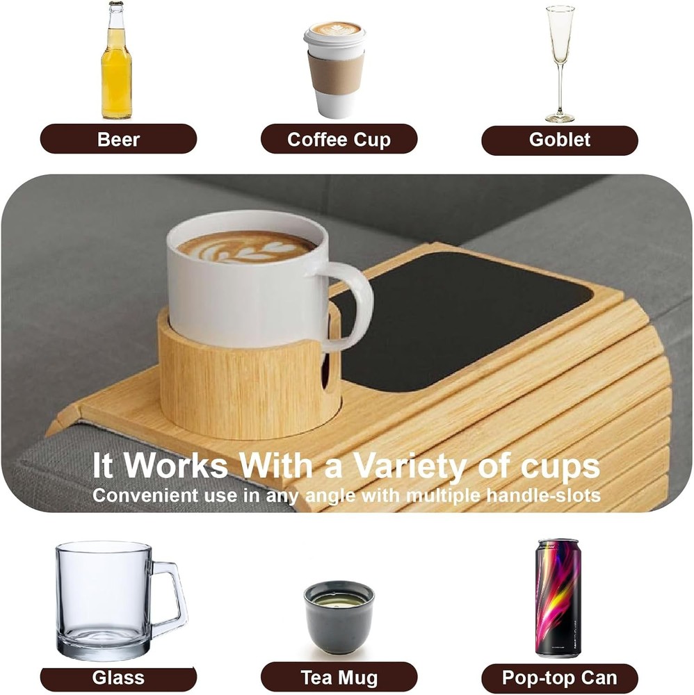 MAGIC BAMBOO Couch Cup Holder Tray, Bamboo Sofa Armrest Tray with Detachable Cup