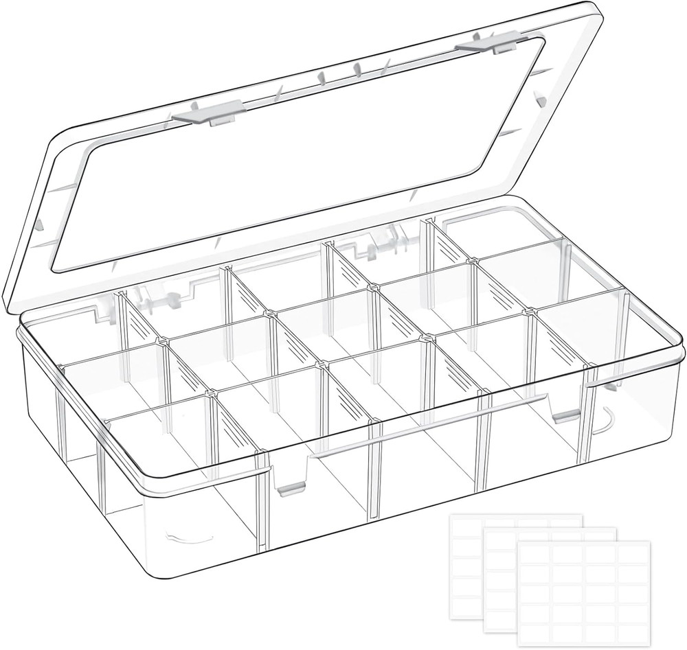 15 Grids Large Plastic Organizer Box with Adjustable Dividers, Clear Craft box