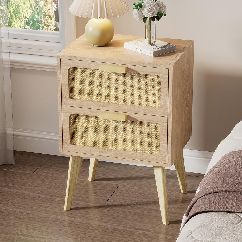 Rattan Nightstand,Boho Bedside with Storage,End Table,Side - Natural