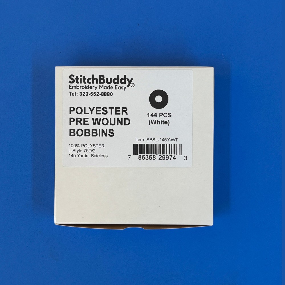 Sideless White Polyester Prewound Bobbin Thread, 144pcs, 145 yds, Size L,