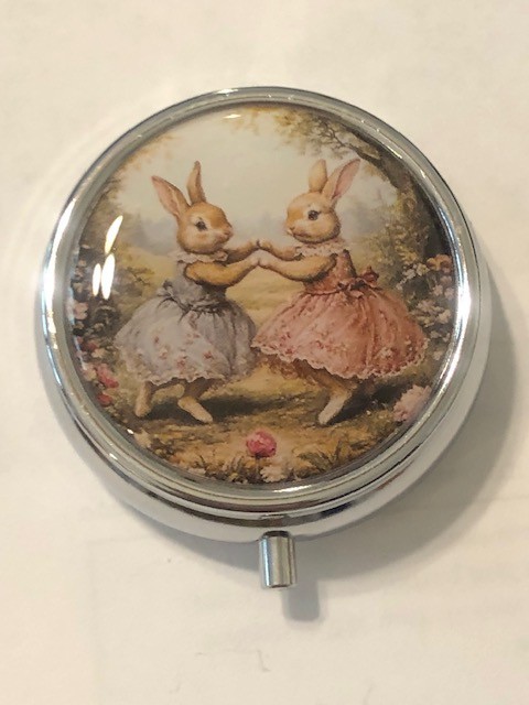 2 Dressed Up Bunny Rabbits on  a 3 Sectioned Pill Box