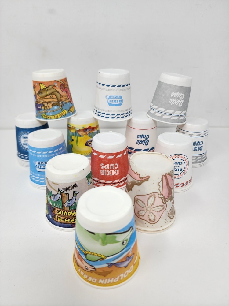 38 Vintage Dixie Cups 3 oz Various Designs Seashell Fish Logo