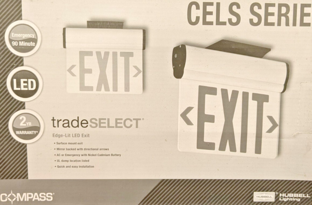 HUBBELL LIGHTING EDGE-LIT SURFACE MOUNT LED EXIT SIGN GREEN LETTER MIRROR BACK