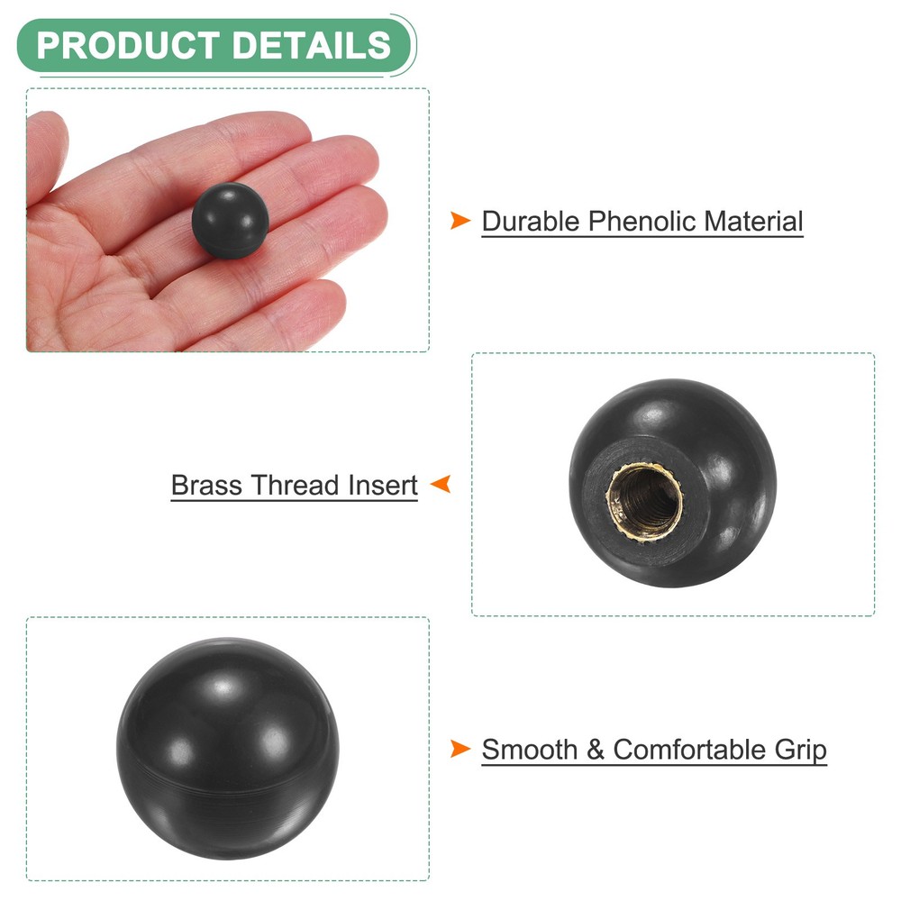 12Pcs Threaded Ball Knobs, M5 16mm Dia. Thermoset Phenolic Brass Handle [Black]