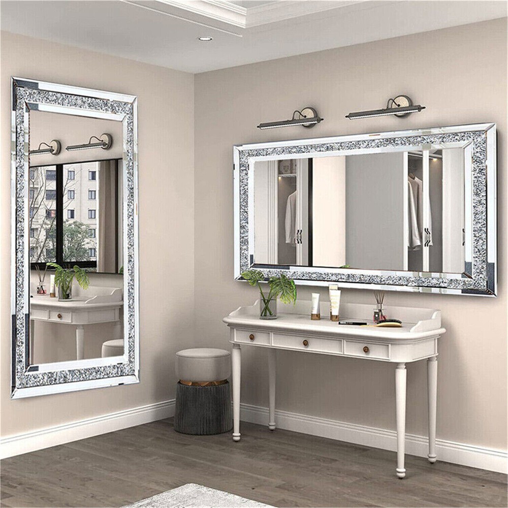 Wall Hanging Rectangle Gorgeous Silver Mirror Crush Crystal Diamond Decor Mirror