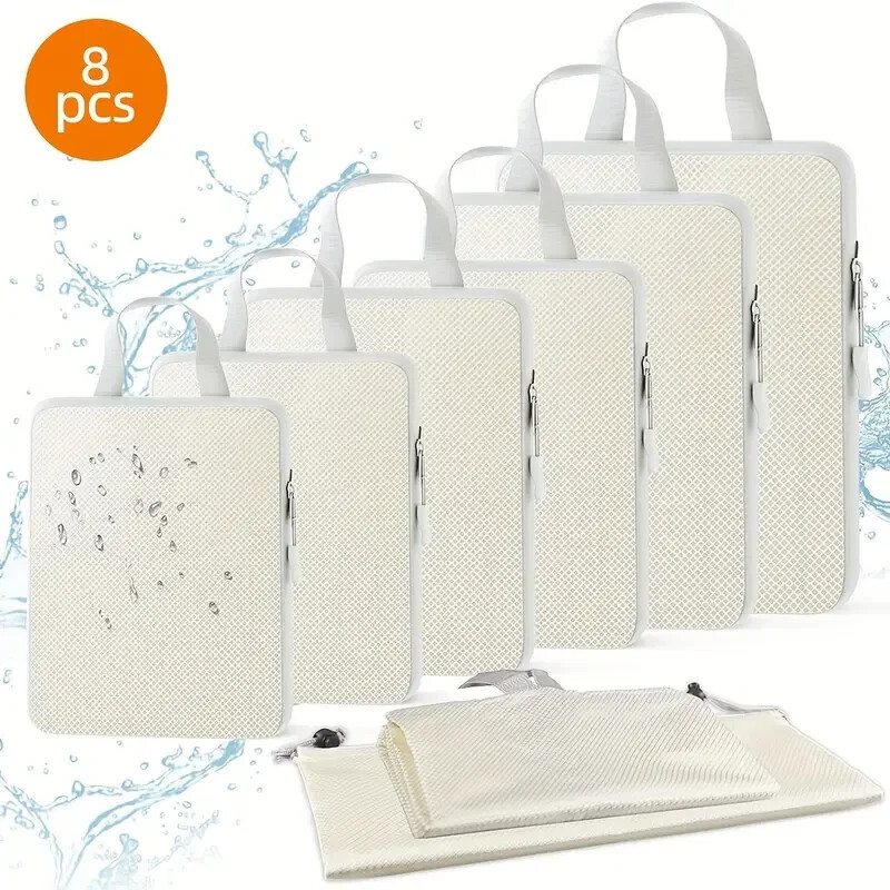 8-Piece Cream Compression Packing Cubes - Double Zipper, Foldable, Multi-Size
