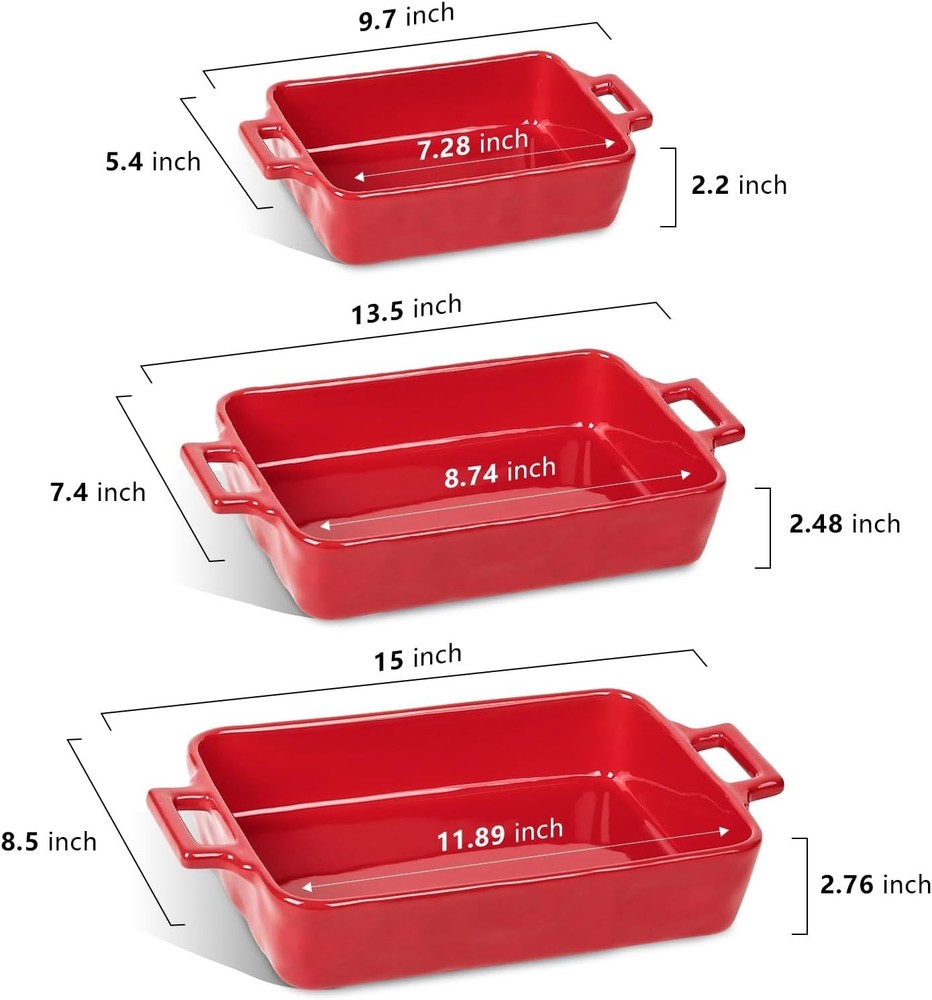 Red Ceramic Baking Pans Set 3pc Rectangular Lasagna Casserole Dish