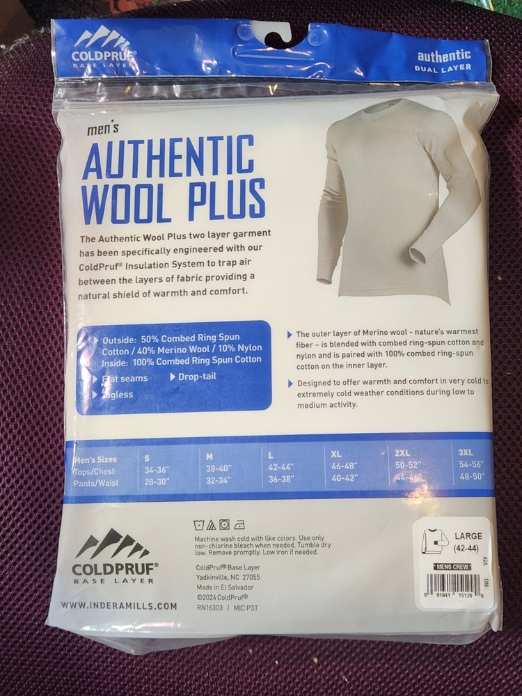 2-NEW ! Mens Large ColdPruf Authentic Wool Plus thermal top