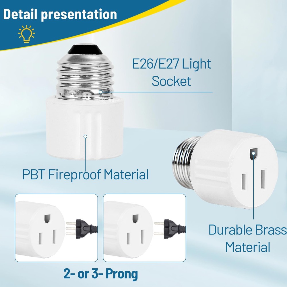 ENATECLITE 3-Prong Light Socket to Plug Adapter,E26/E27 black