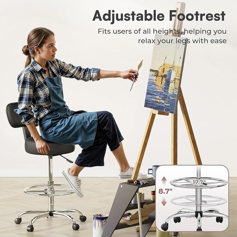 Adjustable Height Drafting Stool Chair W/ Comfortable PVC Cushion & Stable Base