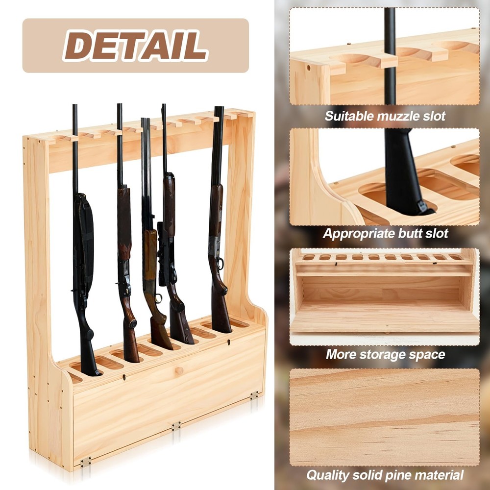 Soaoo Gun Rack with Storage Wood Gun Storage Display Rack Solid Pine Standing...