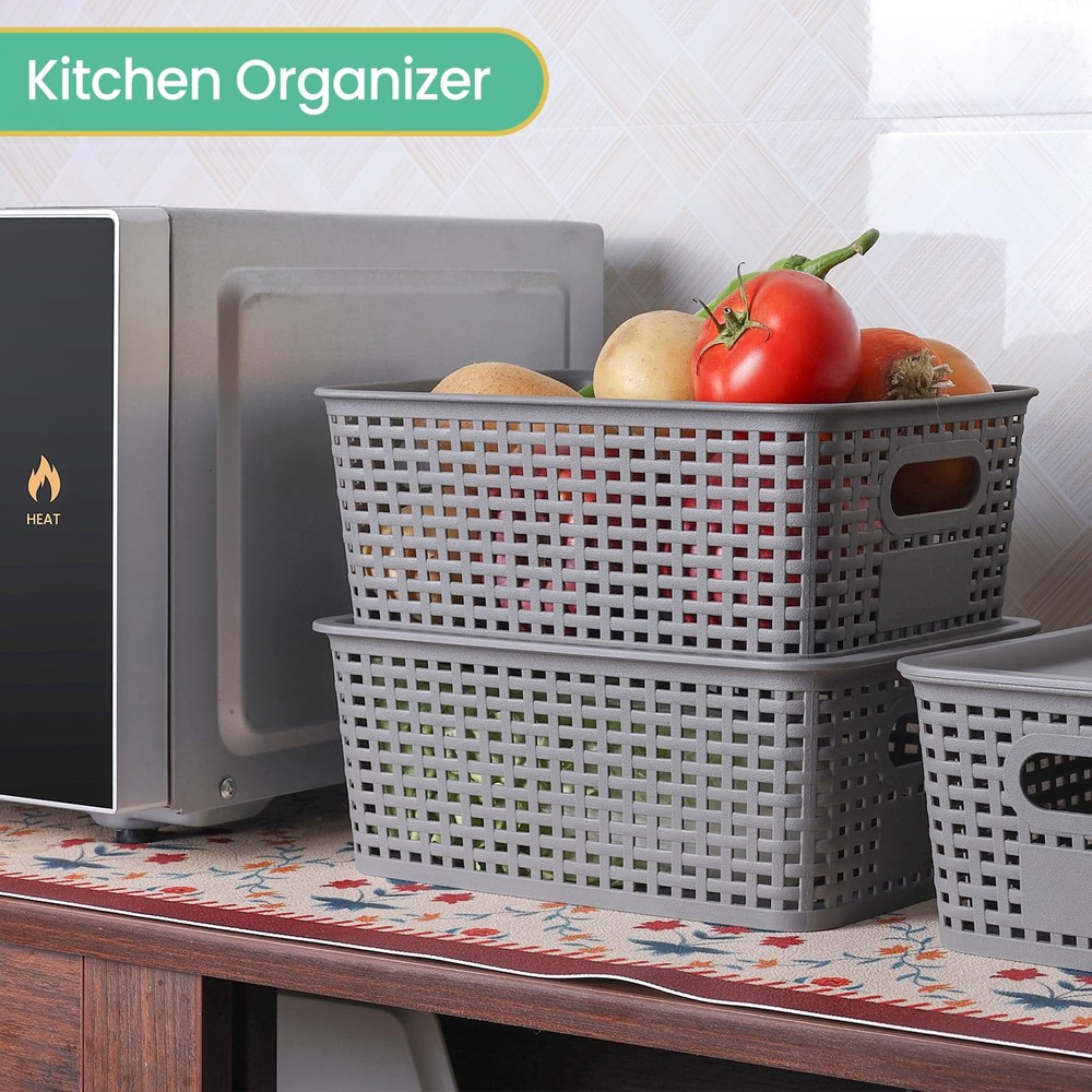Ohmlove Plastic Storage Baskets with Lid - Stackable Containers Organizer Bins