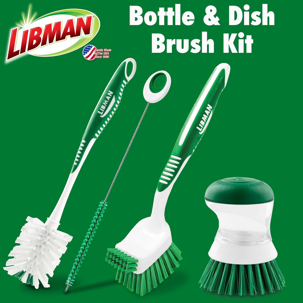 Libman Bottle & Dish Brush Kit | Cleaning Brushes for Kitchen Use | Straw Brush