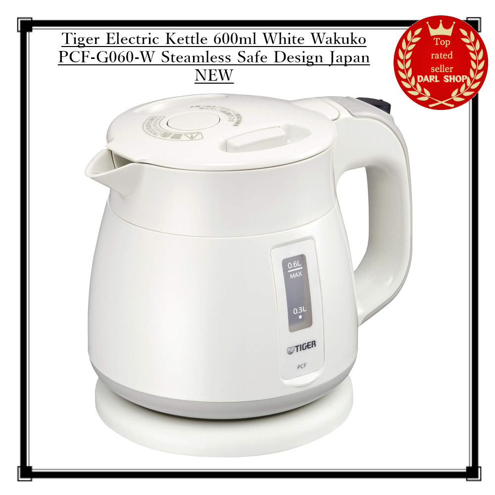 Tiger Electric Kettle 600ml White Wakuko PCF-G060-W Steamless Safe Design Japan