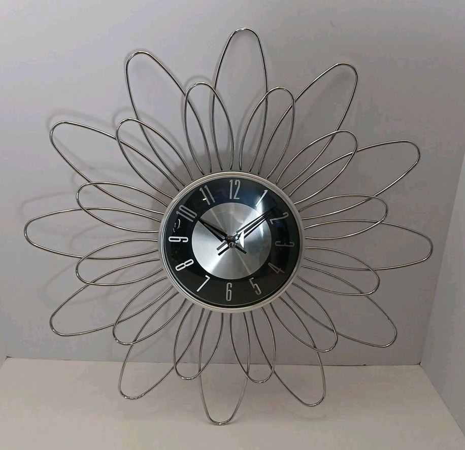 Mid Century Modern Starburst Silver and Black Wall Clock