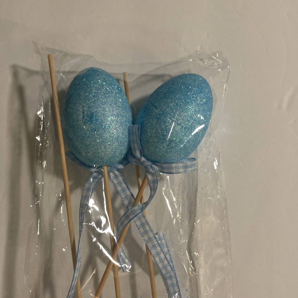 Blue Easter Bunny And Eggs Glittered Picks New