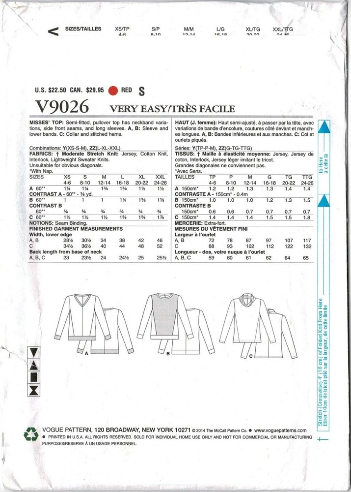 VERY EASY VOGUE Pattern V9026 Size XS-S M Panelled Pullover Top UNCUT