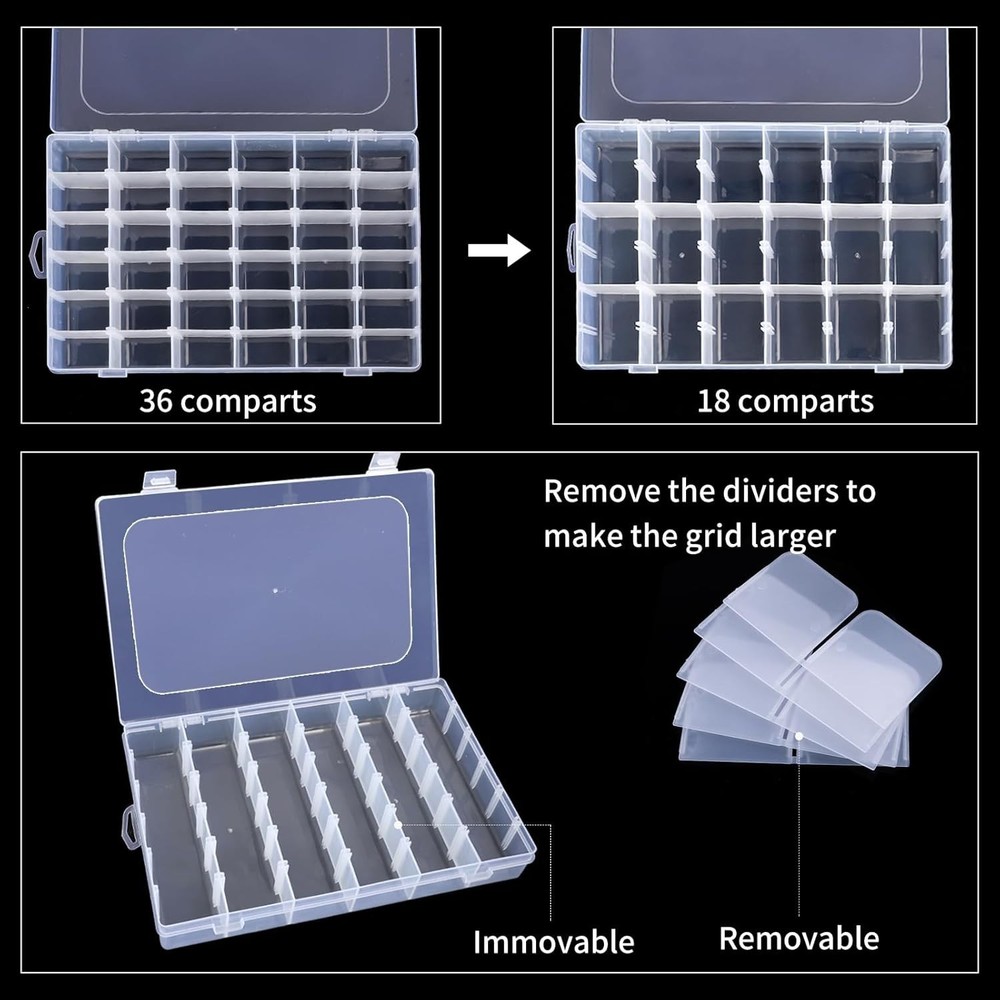 2 Pack Clear Plastic Bead Organizer Box with 36 Grids & Adjustable Dividers
