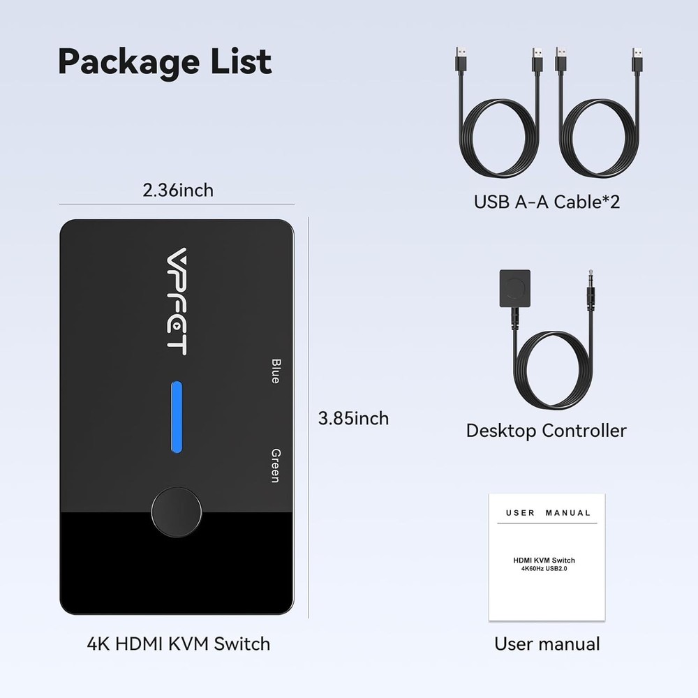 USB KVM Switch 4K@60Hz - Effortlessly Control 2 PCs with Compact Desktop Remote