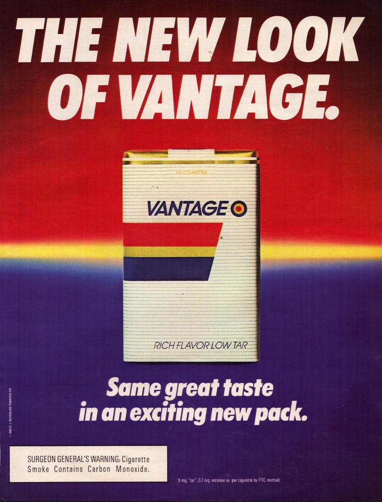 1986 Vantage Cigarettes Print Ad New Look Same Great Taste