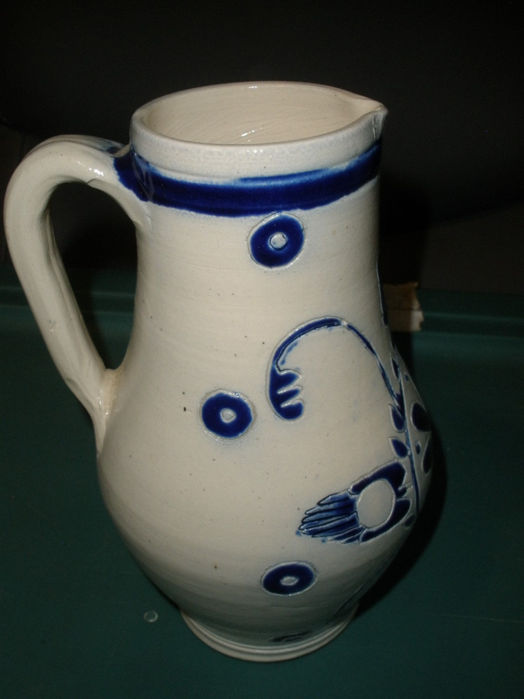 Studio Pottery Clay Stoneware Pitcher Gray & Blue 7" Tall EUC