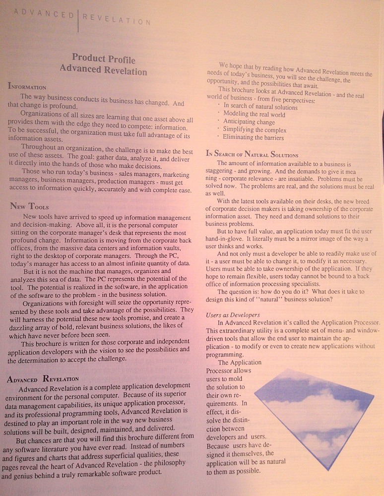 Advanced Revelation press kit. Application development environment for PCs