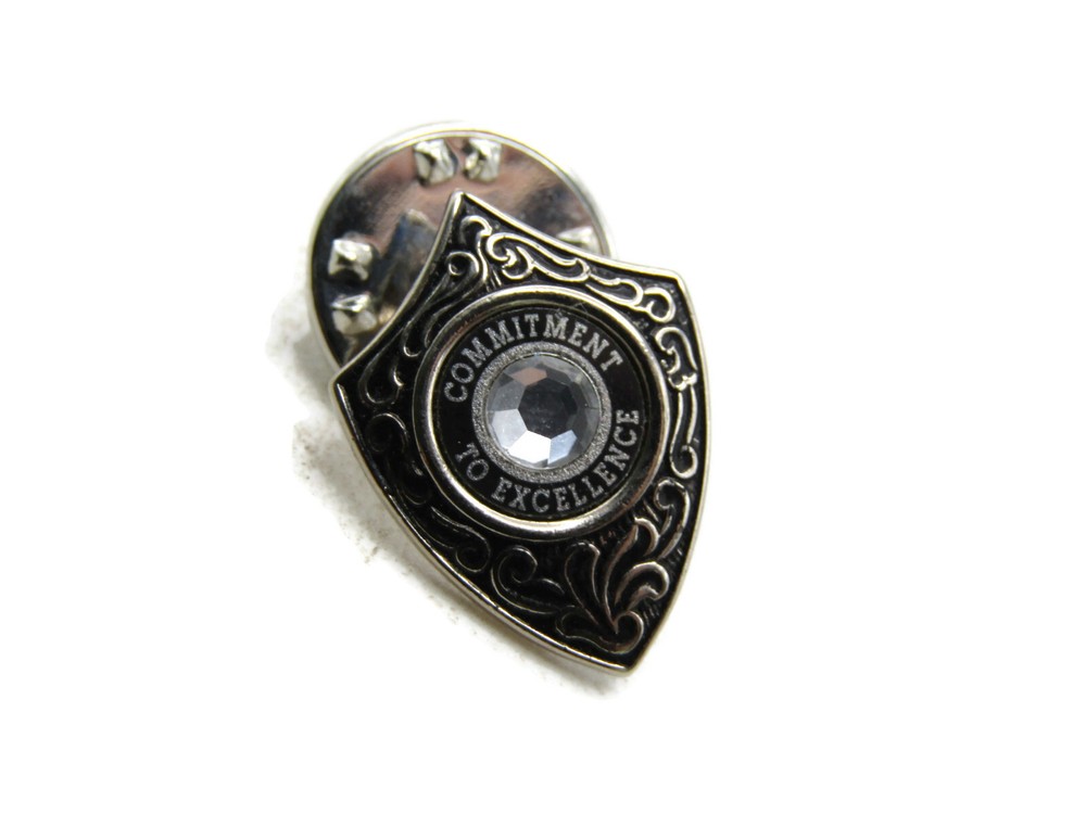 Commitment to Excellence Award Lapel Pin Shield Rhinestone Black Silver Tone