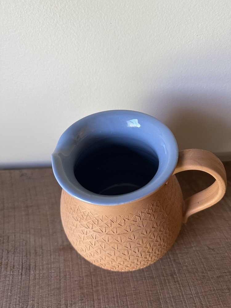 Vintage Terracotta Pitcher With Blue Glazed Interior